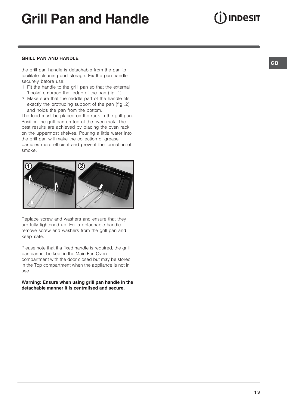 Grill pan and handle | Indesit ID60C2M User Manual | Page 13 / 28