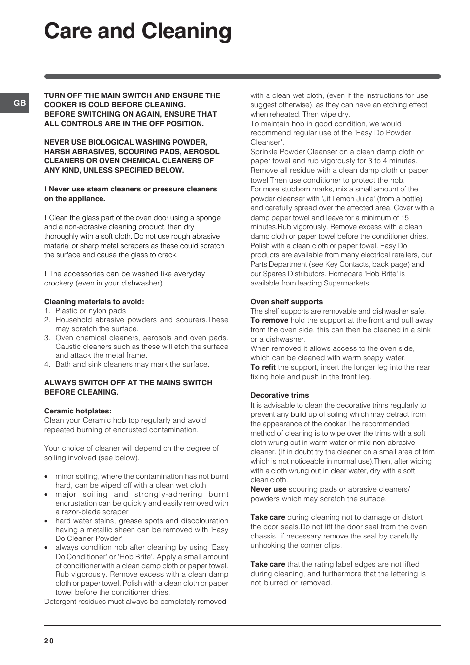 Care and cleaning | Indesit ID60C2M User Manual | Page 20 / 28