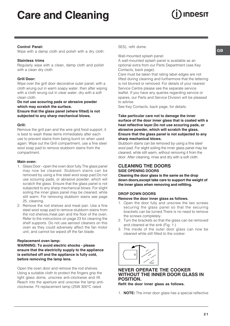 Care and cleaning | Indesit ID60C2M User Manual | Page 21 / 28