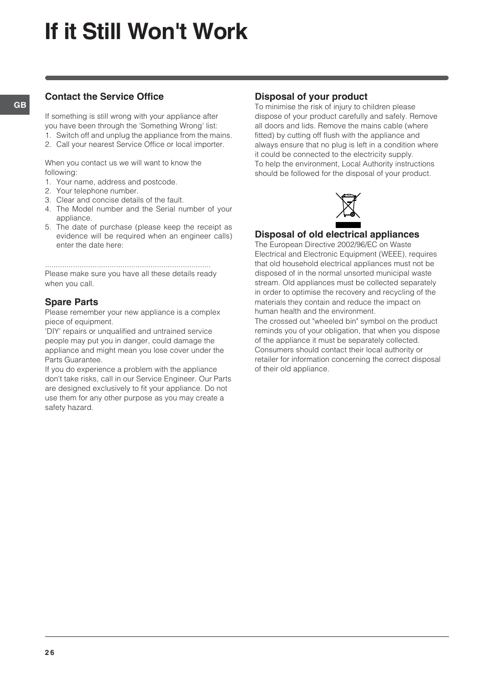 If it still won't work | Indesit ID60C2M User Manual | Page 26 / 28