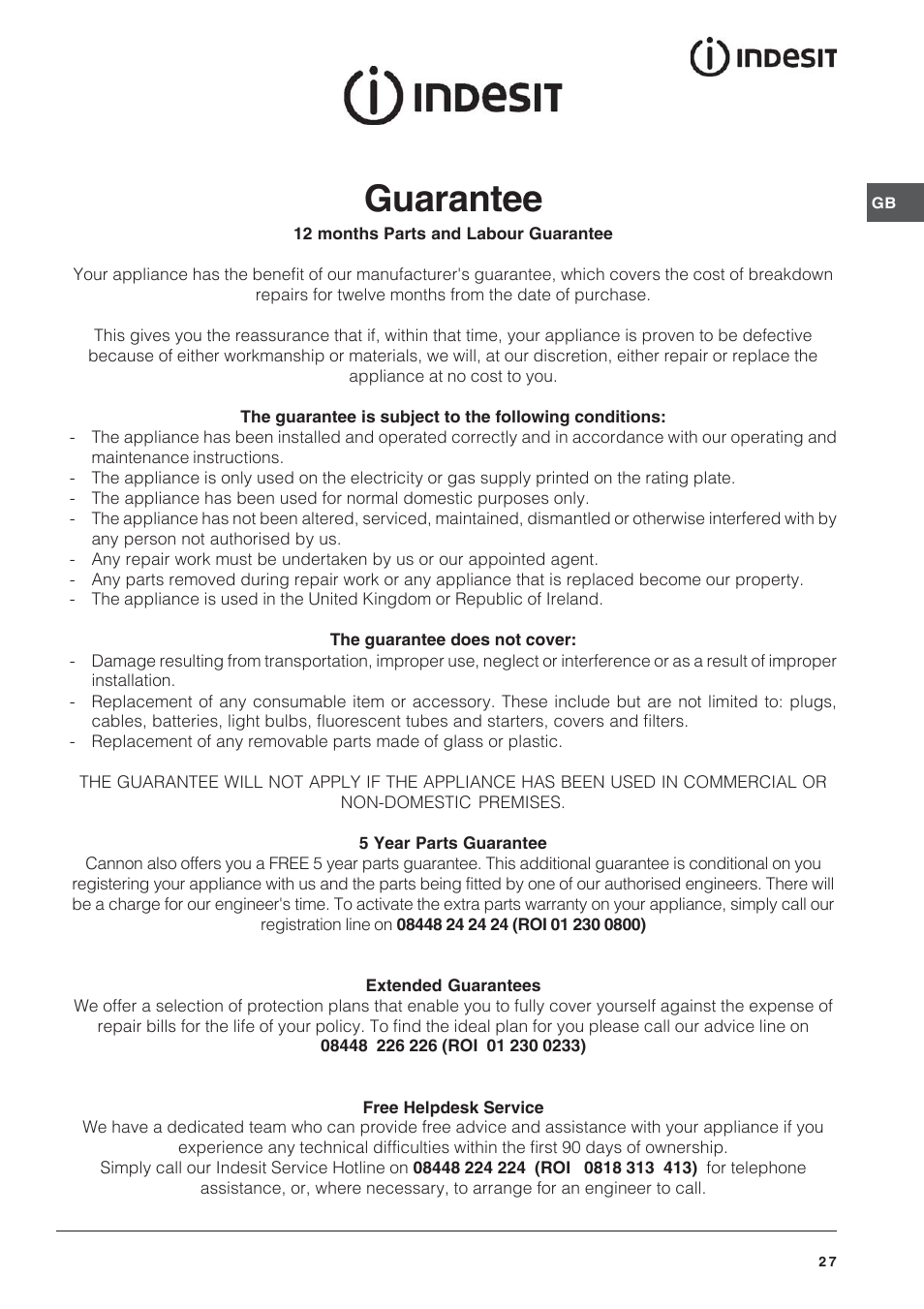 Guarantee | Indesit ID60C2M User Manual | Page 27 / 28