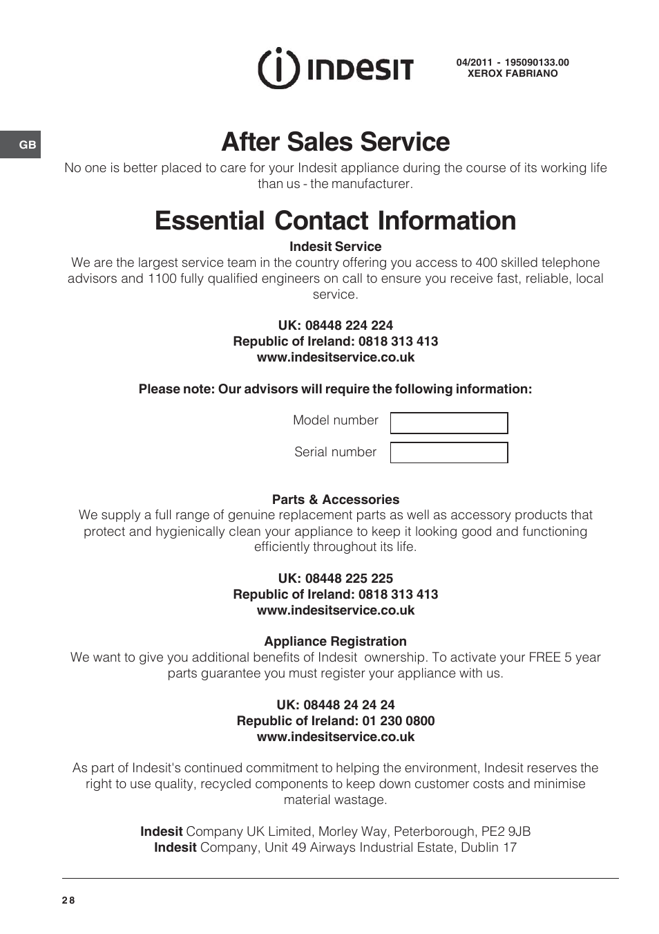 After sales service, Essential contact information | Indesit ID60C2M User Manual | Page 28 / 28