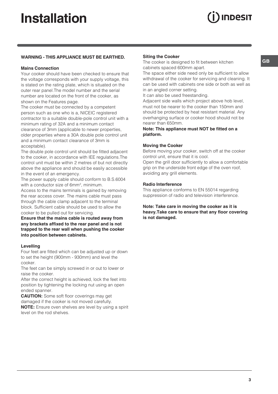 Installation | Indesit ID60C2M User Manual | Page 3 / 28