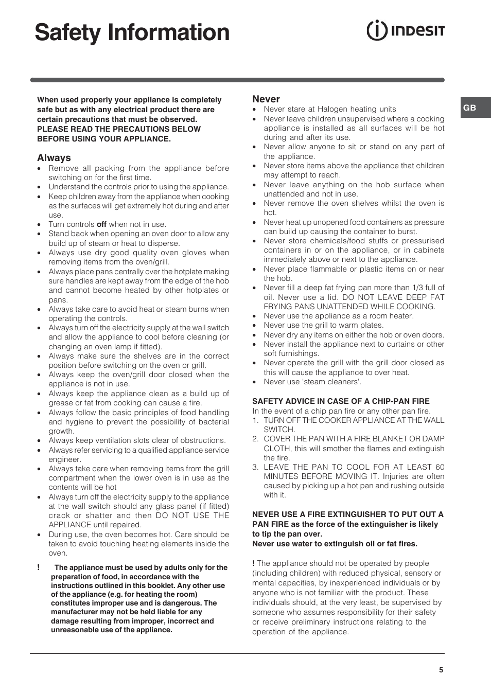 Safety information, Always, Never | Indesit ID60C2M User Manual | Page 5 / 28