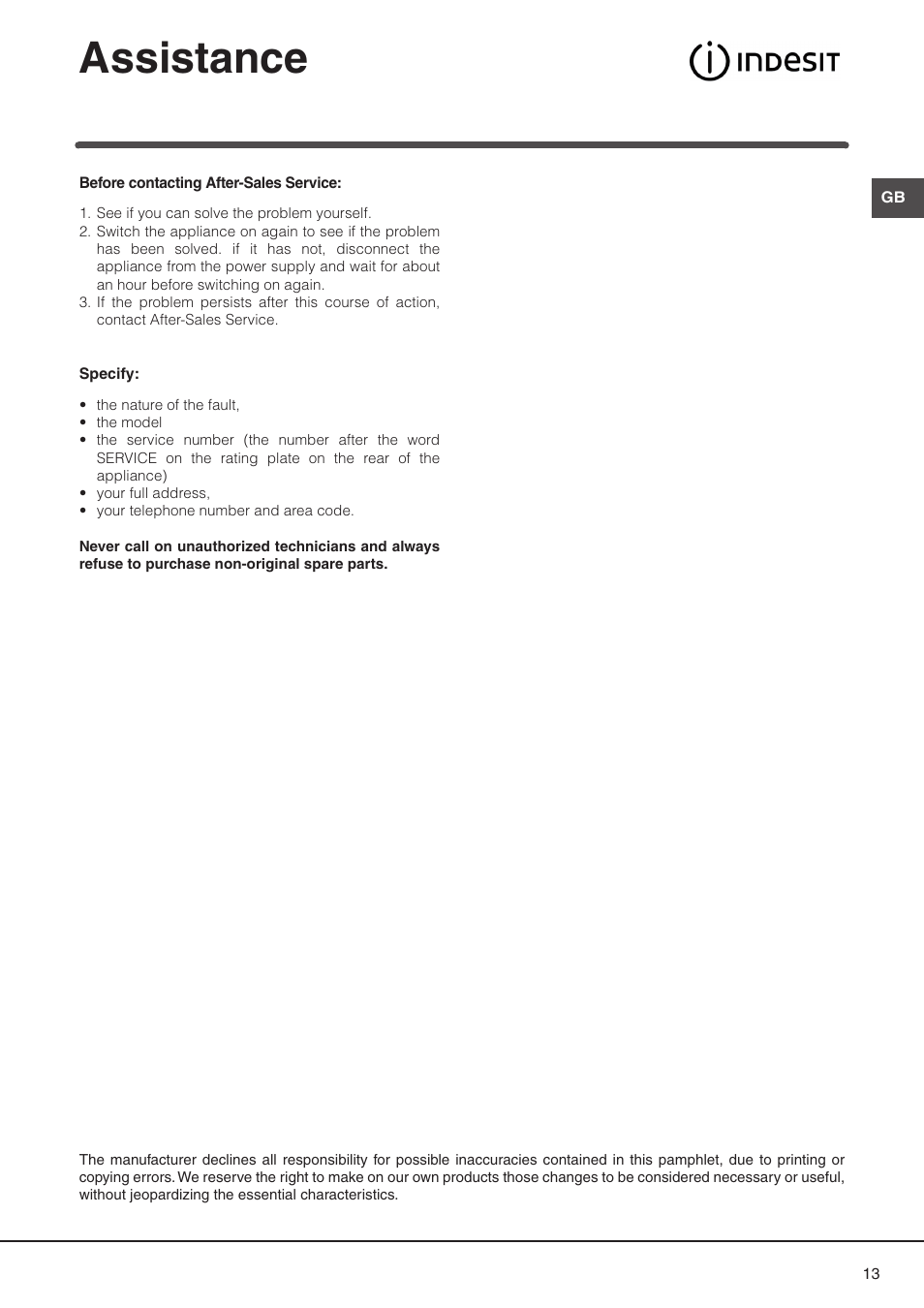 Assistance | Indesit DP2RIX User Manual | Page 13 / 52