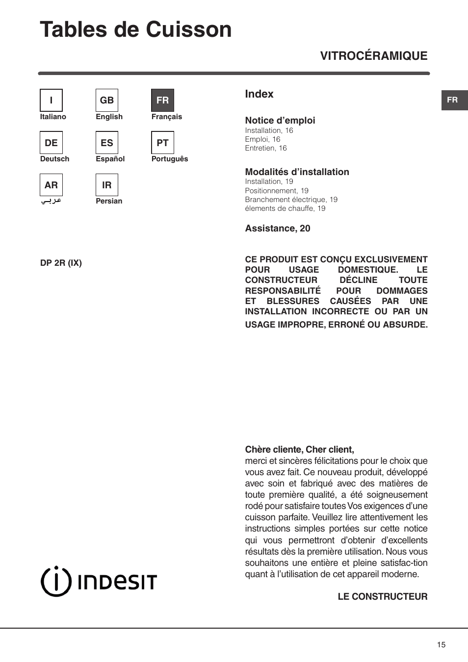 Tables de cuisson, Vitrocéramique, Index | Indesit DP2RIX User Manual | Page 15 / 52