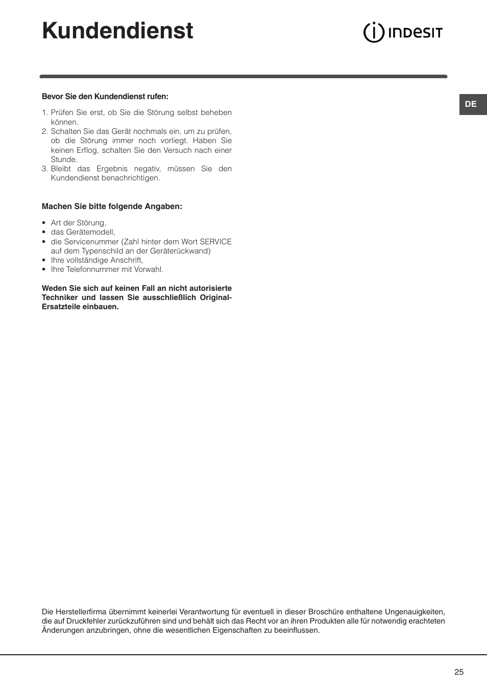 Kundendienst | Indesit DP2RIX User Manual | Page 25 / 52