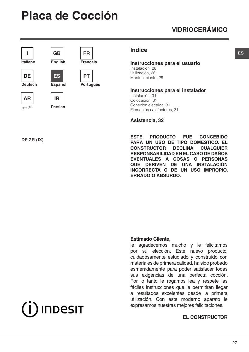 Placa de cocción, Vidriocerámico, Indice | Indesit DP2RIX User Manual | Page 27 / 52