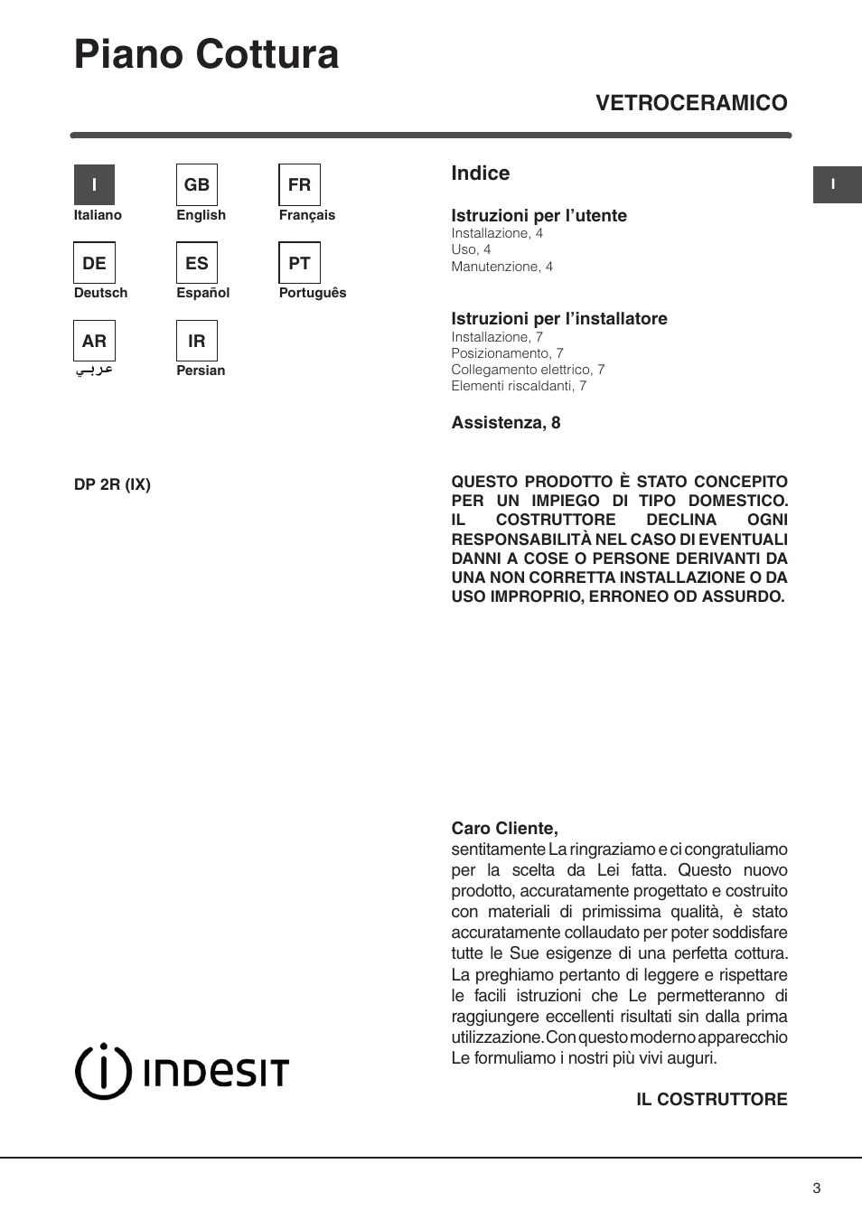 Piano cottura, Vetroceramico, Indice | Indesit DP2RIX User Manual | Page 3 / 52