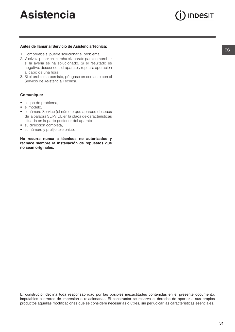 Asistencia | Indesit DP2RIX User Manual | Page 31 / 52