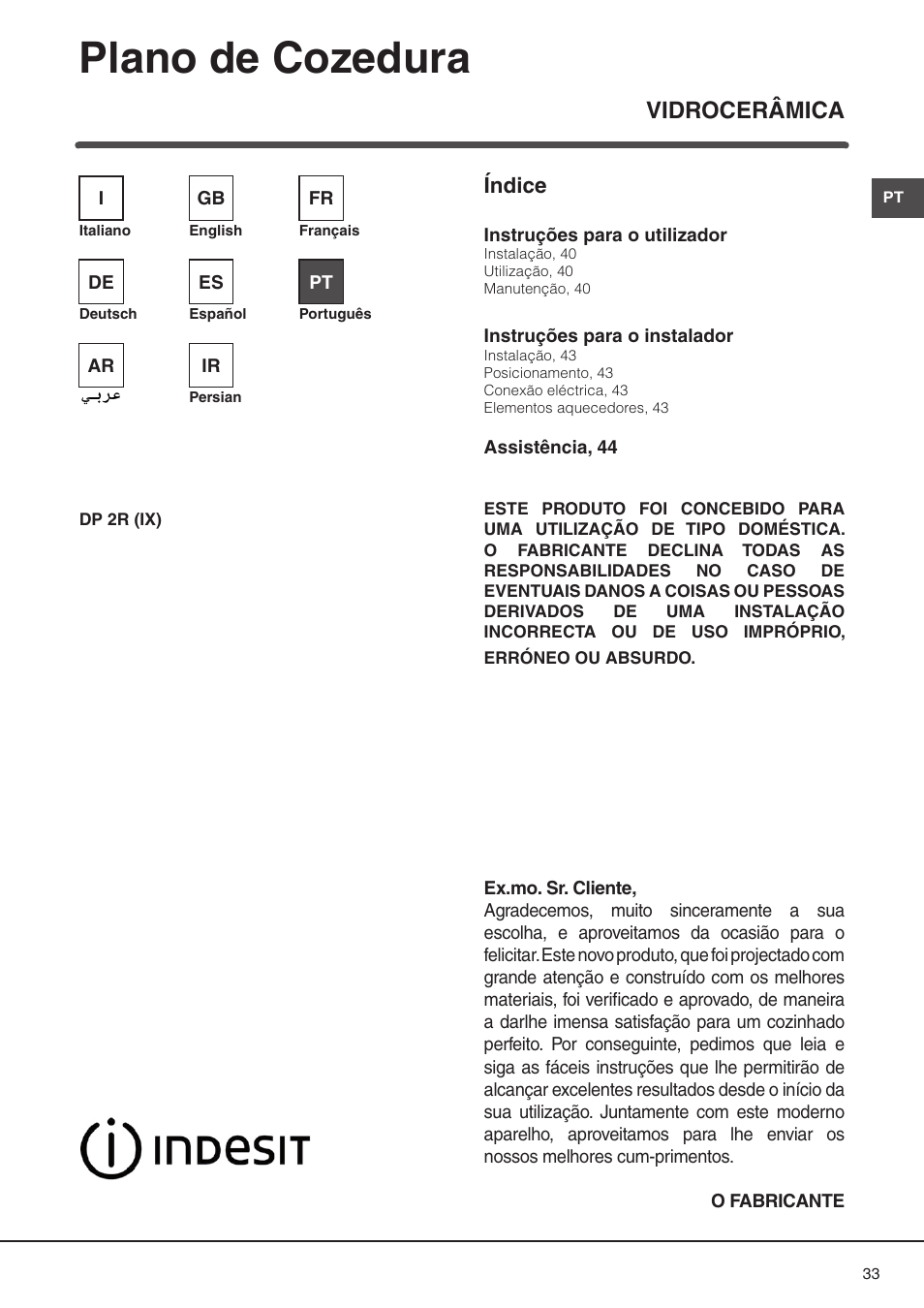 Plano de cozedura, Vidrocerâmica, Índice | Indesit DP2RIX User Manual | Page 33 / 52