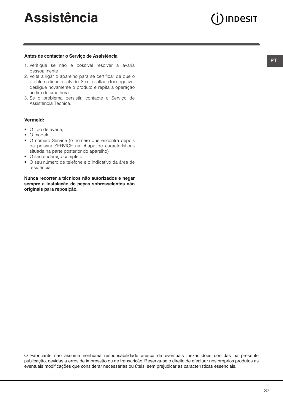 Assistência | Indesit DP2RIX User Manual | Page 37 / 52
