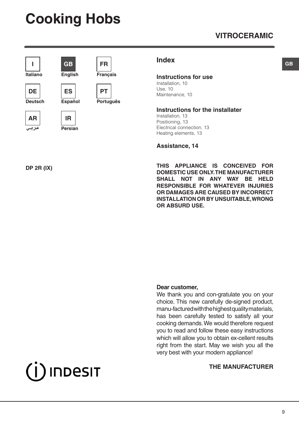 Cooking hobs, Vitroceramic, Index | Indesit DP2RIX User Manual | Page 9 / 52