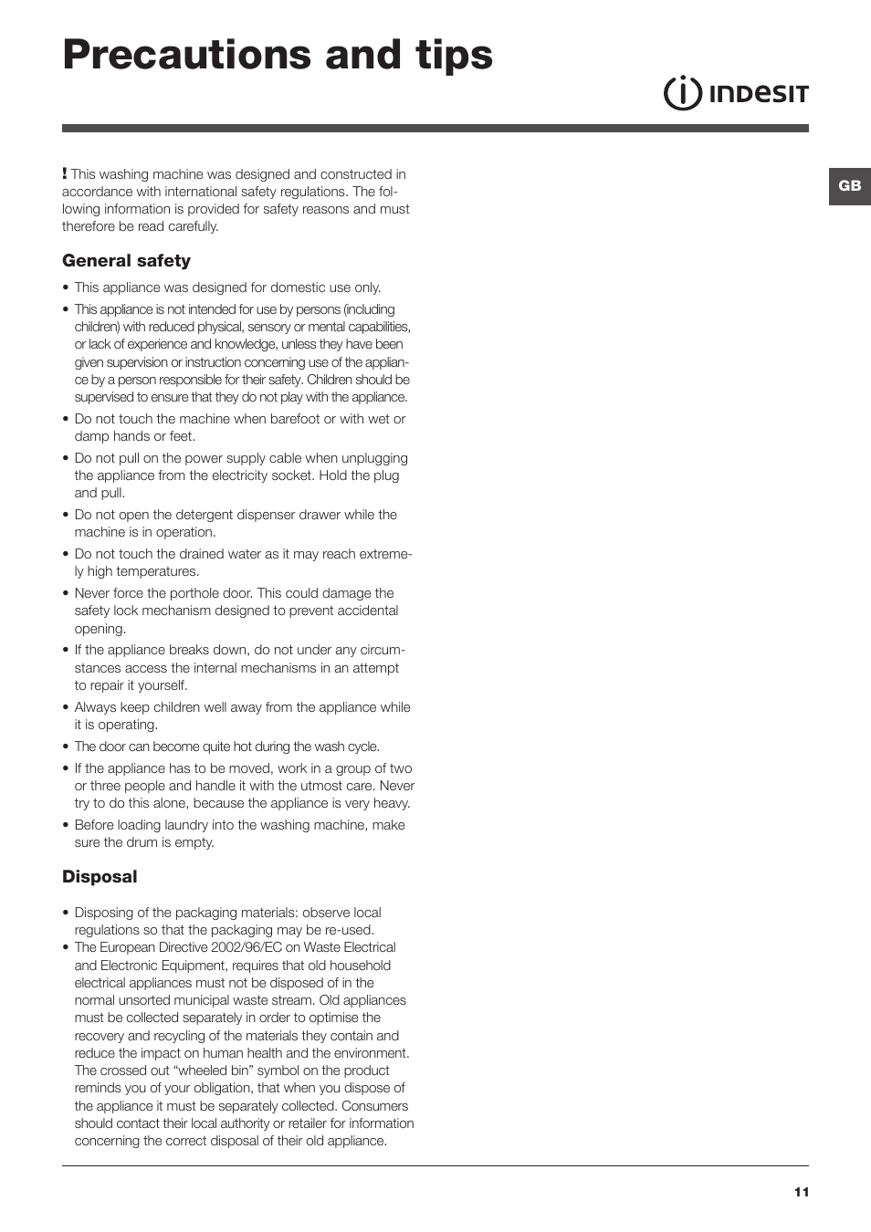 Precautions and tips | Indesit IWE8123UK User Manual | Page 11 / 16