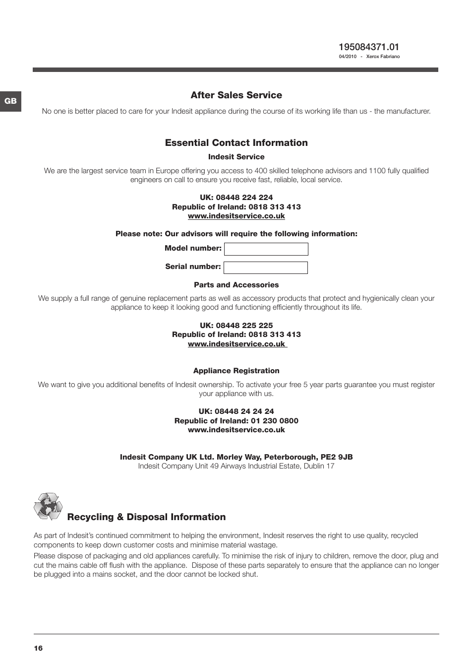After sales service, Essential contact information, Recycling & disposal information | Indesit IWE8123UK User Manual | Page 16 / 16
