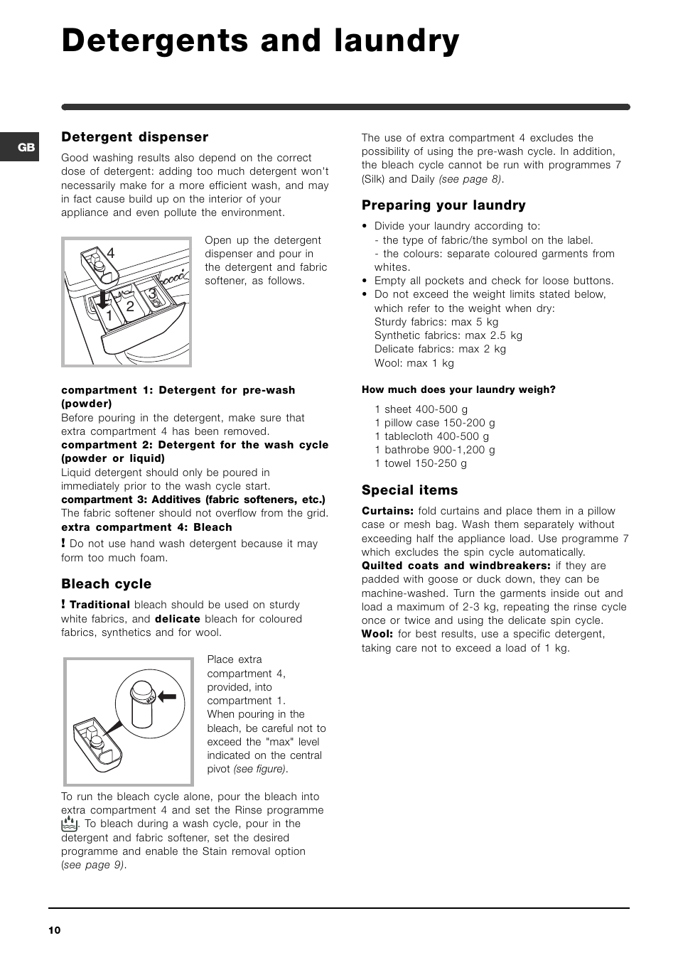 Detergents and laundry | Indesit WIL163S Hot & Cold Fill User Manual | Page 10 / 16