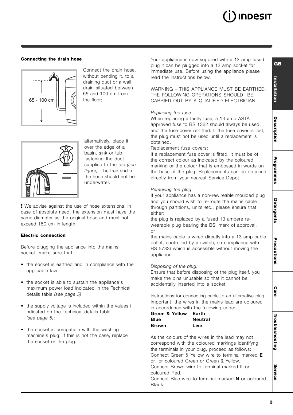 Indesit WIL163S Hot & Cold Fill User Manual | Page 3 / 16