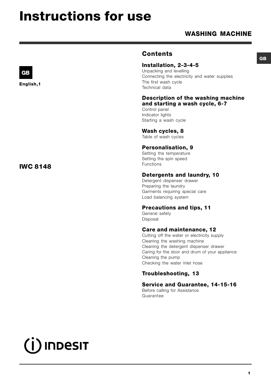 Indesit IWC8148UK User Manual | 16 pages
