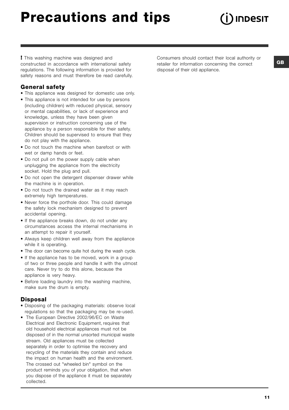 Precautions and tips | Indesit IWC8148UK User Manual | Page 11 / 16