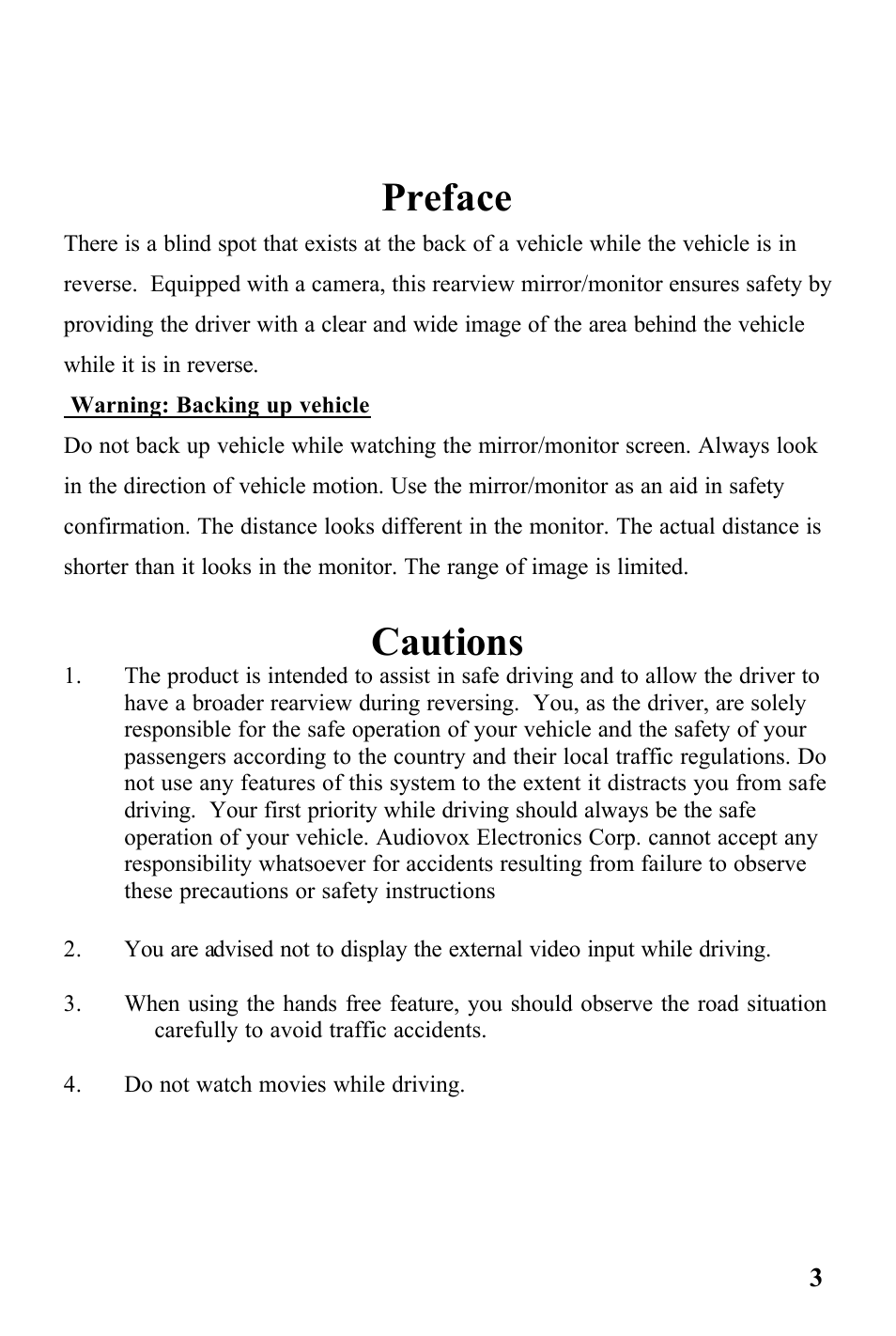 Preface, Cautions | Audiovox RVMPKG2 User Manual | Page 3 / 8