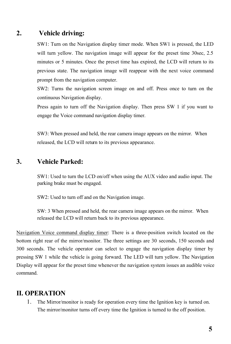 5 2. vehicle driving, Vehicle parked, Ii. operation | Audiovox RVMPKG2 User Manual | Page 5 / 8