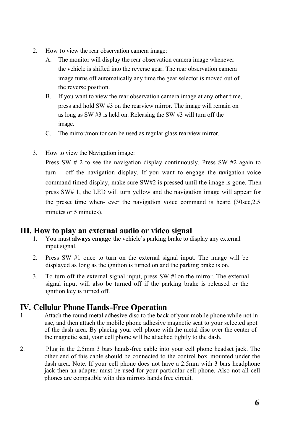 Iii. how to play an external audio or video signal, Iv. cellular phone hands-free operation | Audiovox RVMPKG2 User Manual | Page 6 / 8