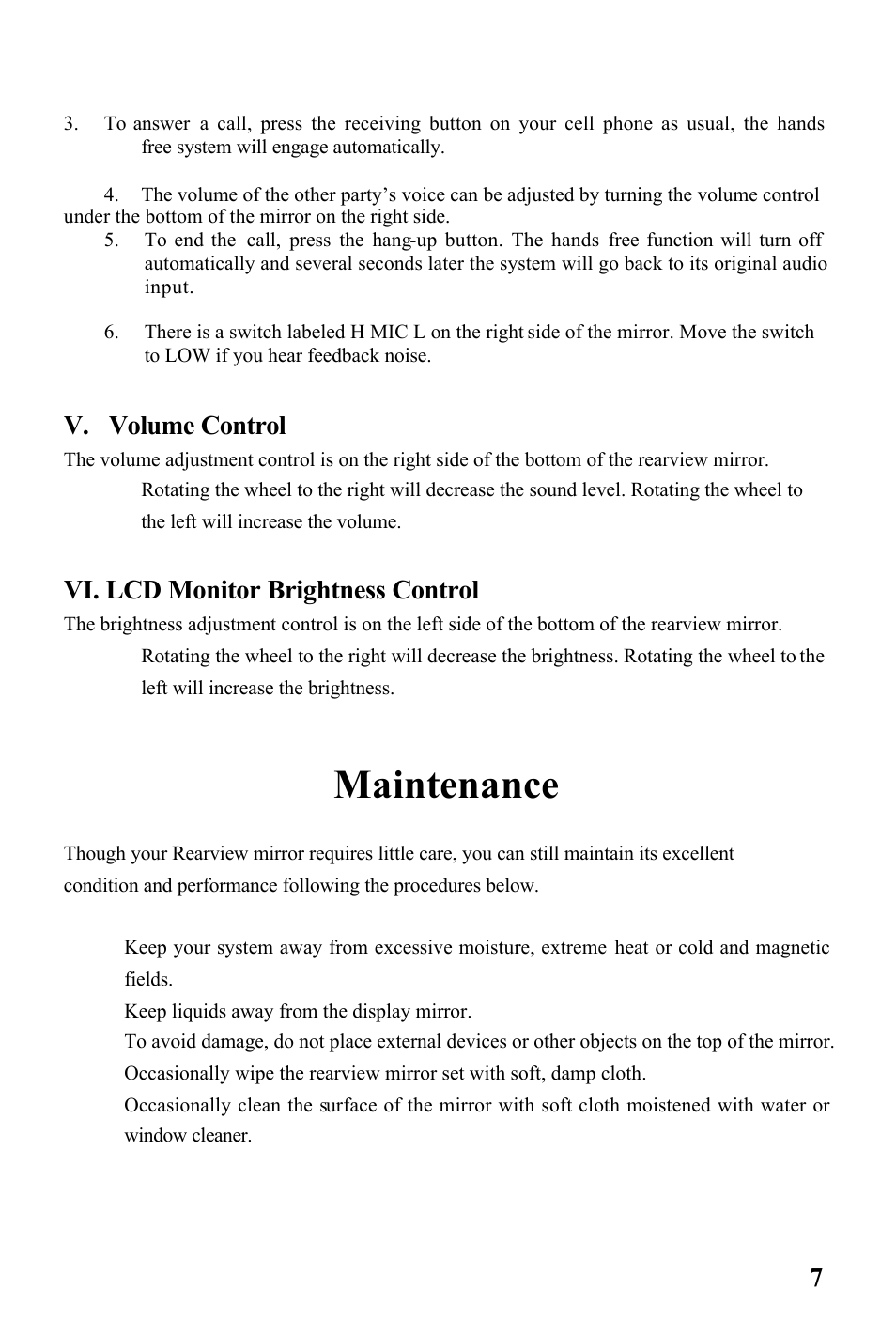 Maintenance, V. volume control, Vi. lcd monitor brightness control | Audiovox RVMPKG2 User Manual | Page 7 / 8