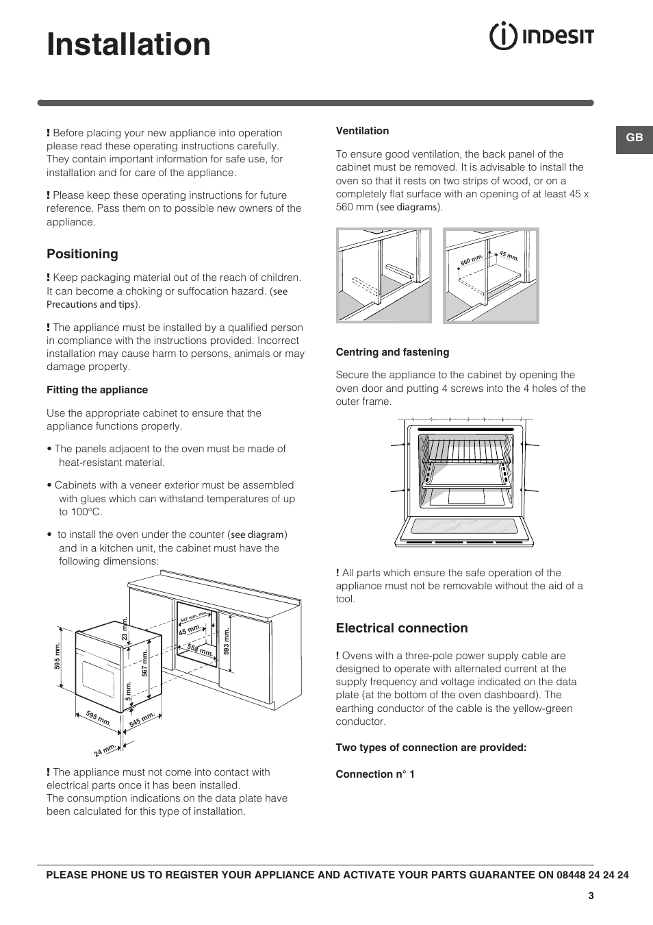 Installation, Positioning, Electrical connection | Indesit BIMS53K-AIXGB User Manual | Page 3 / 16