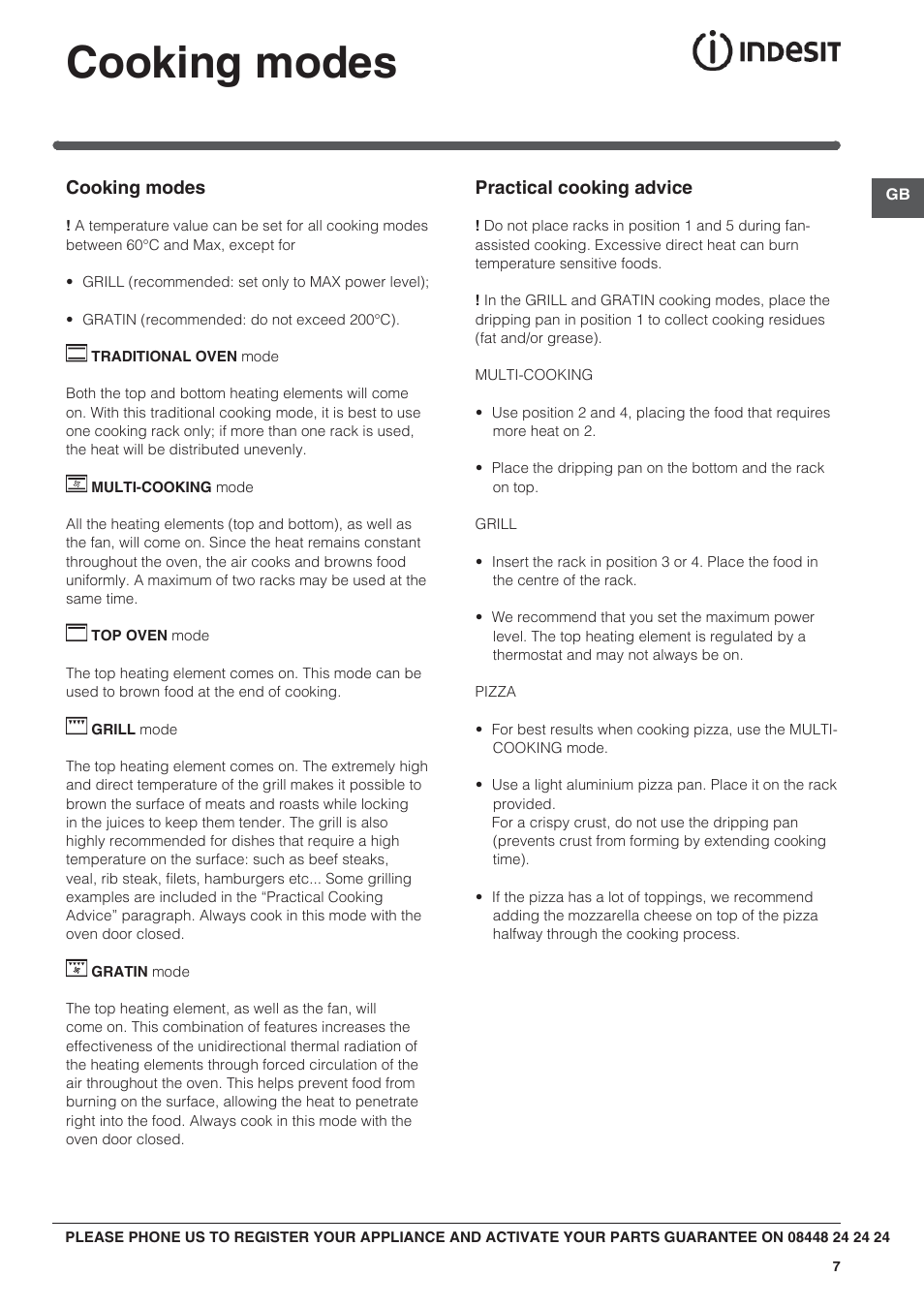 Cooking modes | Indesit BIMS53K-AIXGB User Manual | Page 7 / 16