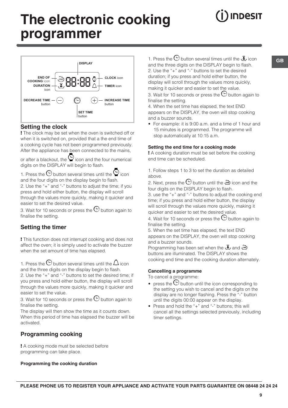 The electronic cooking programmer, Setting the clock, Setting the timer | Programming cooking | Indesit BIMS53K-AIXGB User Manual | Page 9 / 16