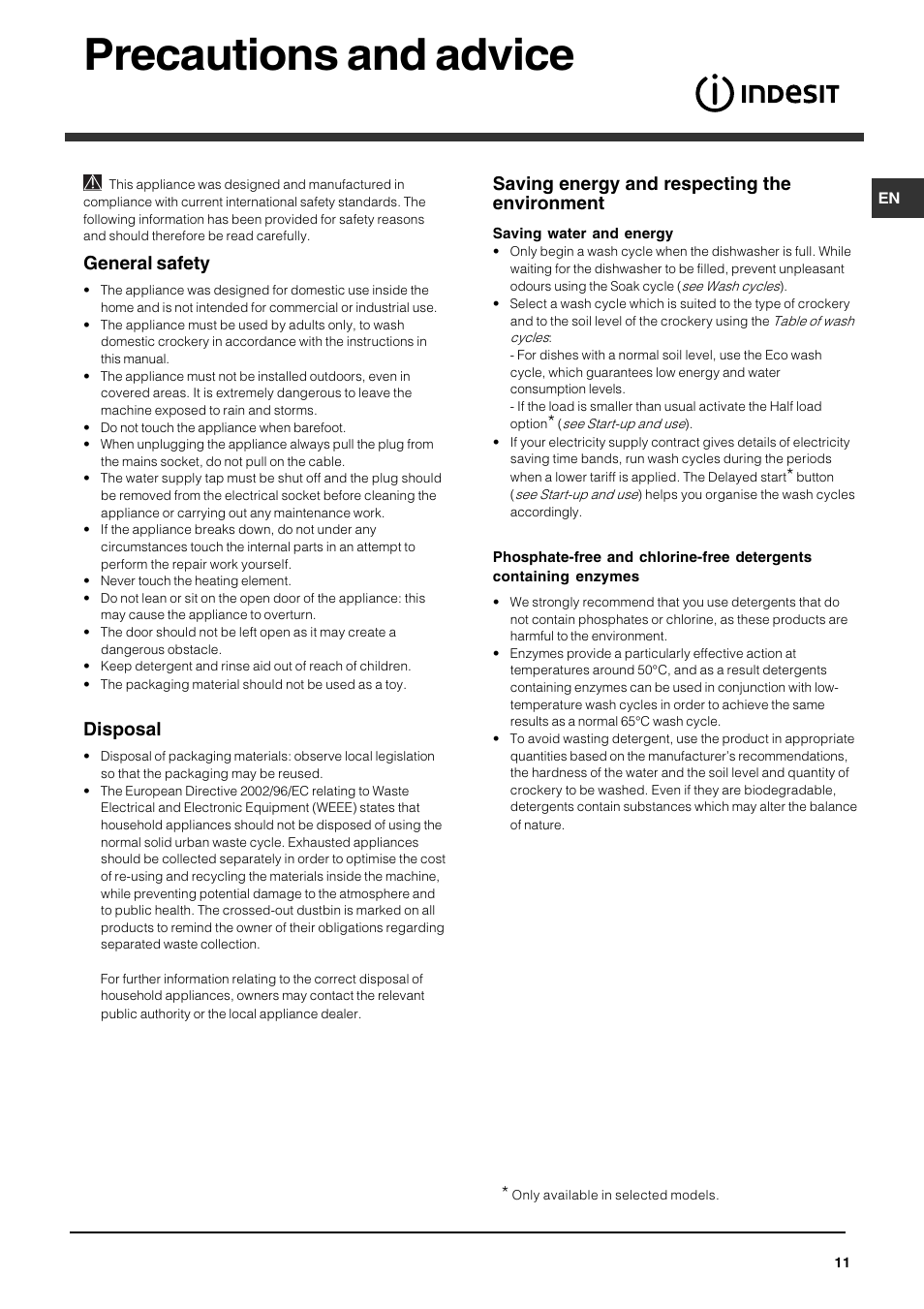 Precautions and advice, General safety, Disposal | Saving energy and respecting the environment | Indesit IDF125S User Manual | Page 11 / 12