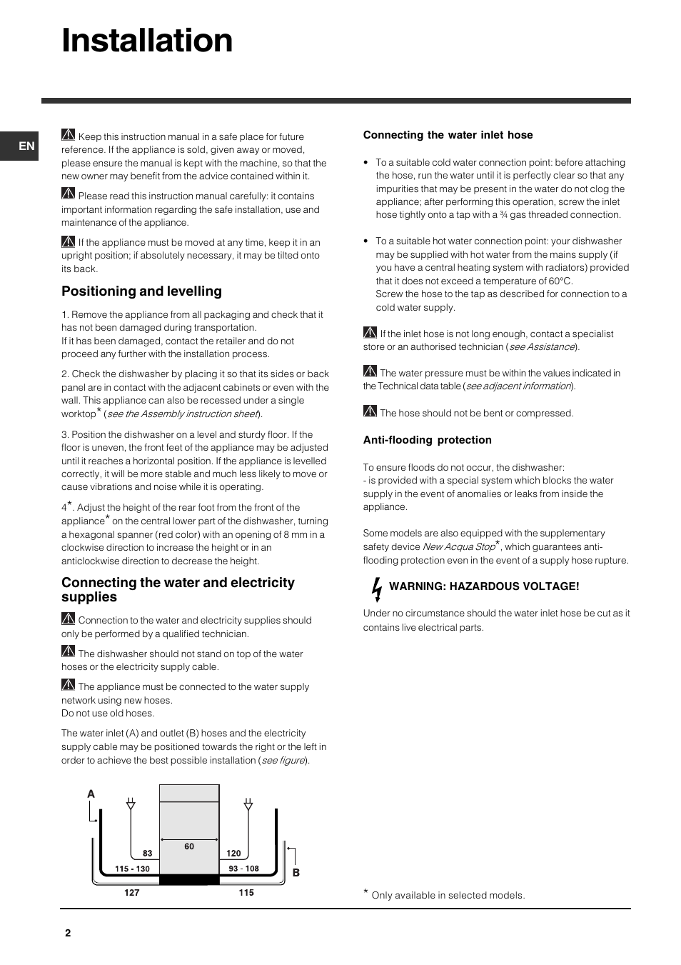 Installation, Positioning and levelling, Connecting the water and electricity supplies | Indesit IDF125S User Manual | Page 2 / 12