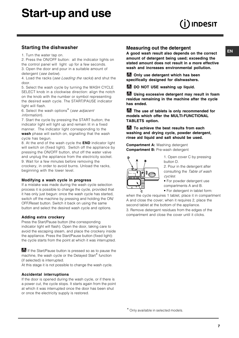 Start-up and use, Measuring out the detergent, Starting the dishwasher | Indesit IDF125S User Manual | Page 7 / 12