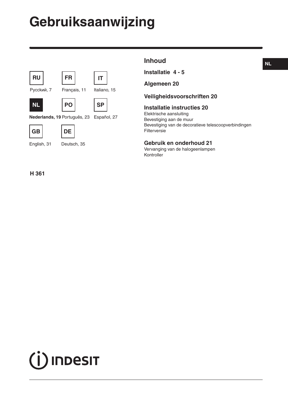 Gebruiksaanwijzing, Inhoud | Indesit H361FBK User Manual | Page 17 / 36