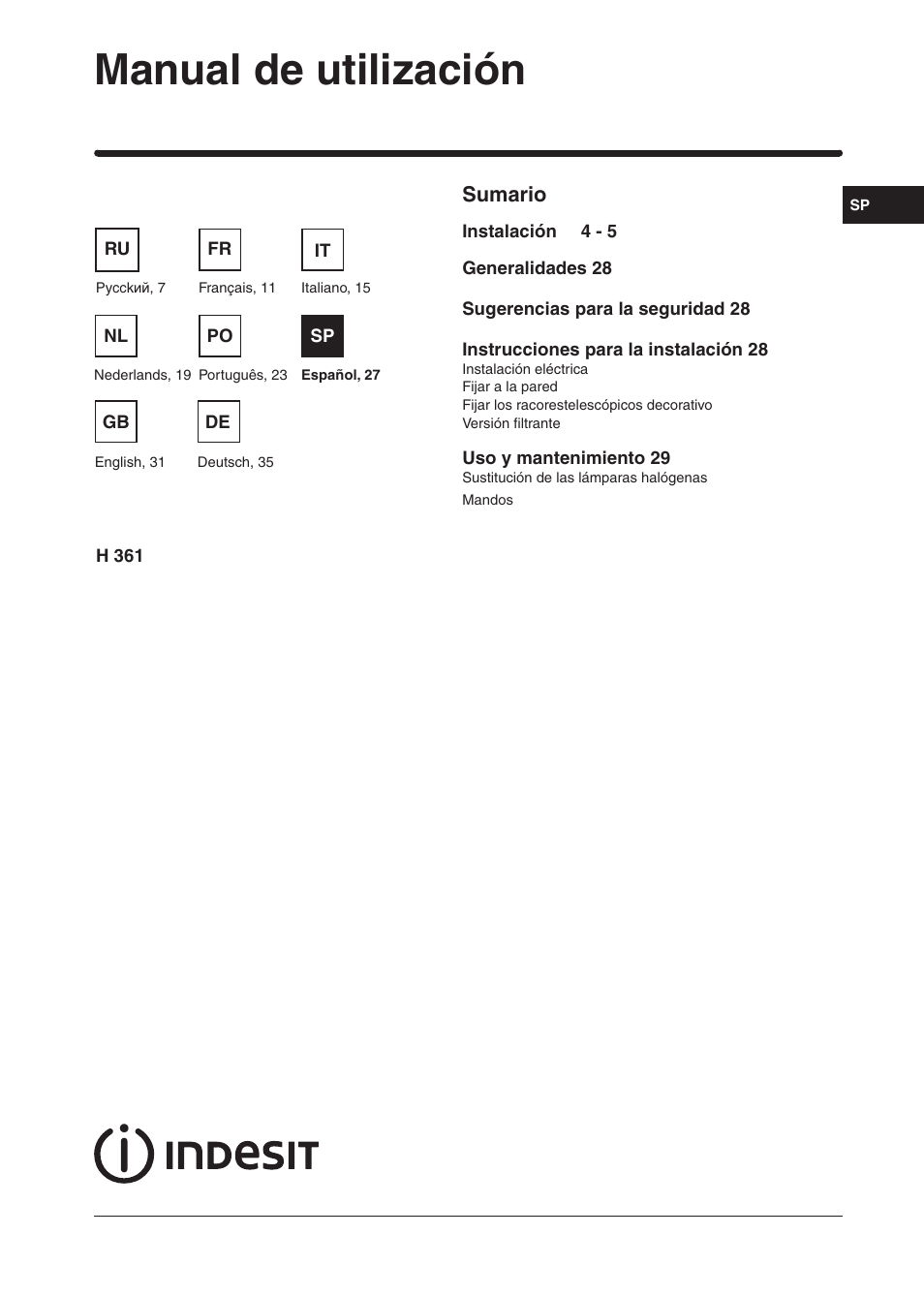 Manual de utilización, Sumario | Indesit H361FBK User Manual | Page 25 / 36