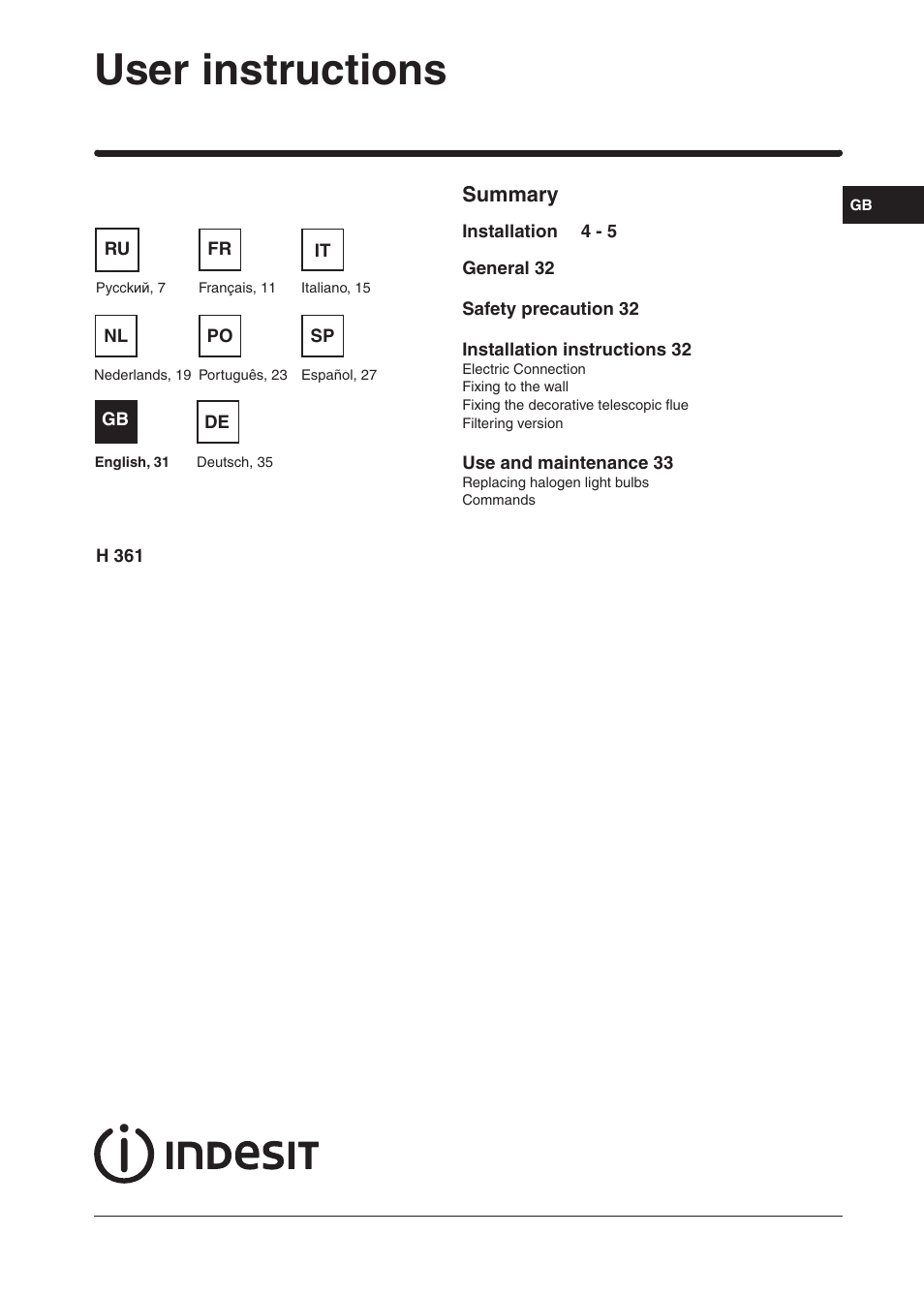 User instructions, Summary | Indesit H361FBK User Manual | Page 29 / 36