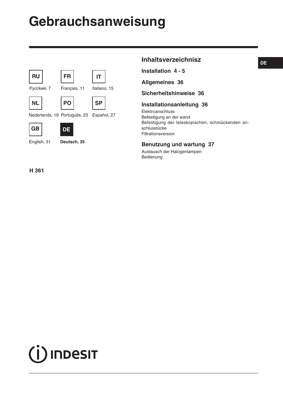 Gebrauchsanweisung, Inhaltsverzeichnisz | Indesit H361FBK User Manual | Page 33 / 36