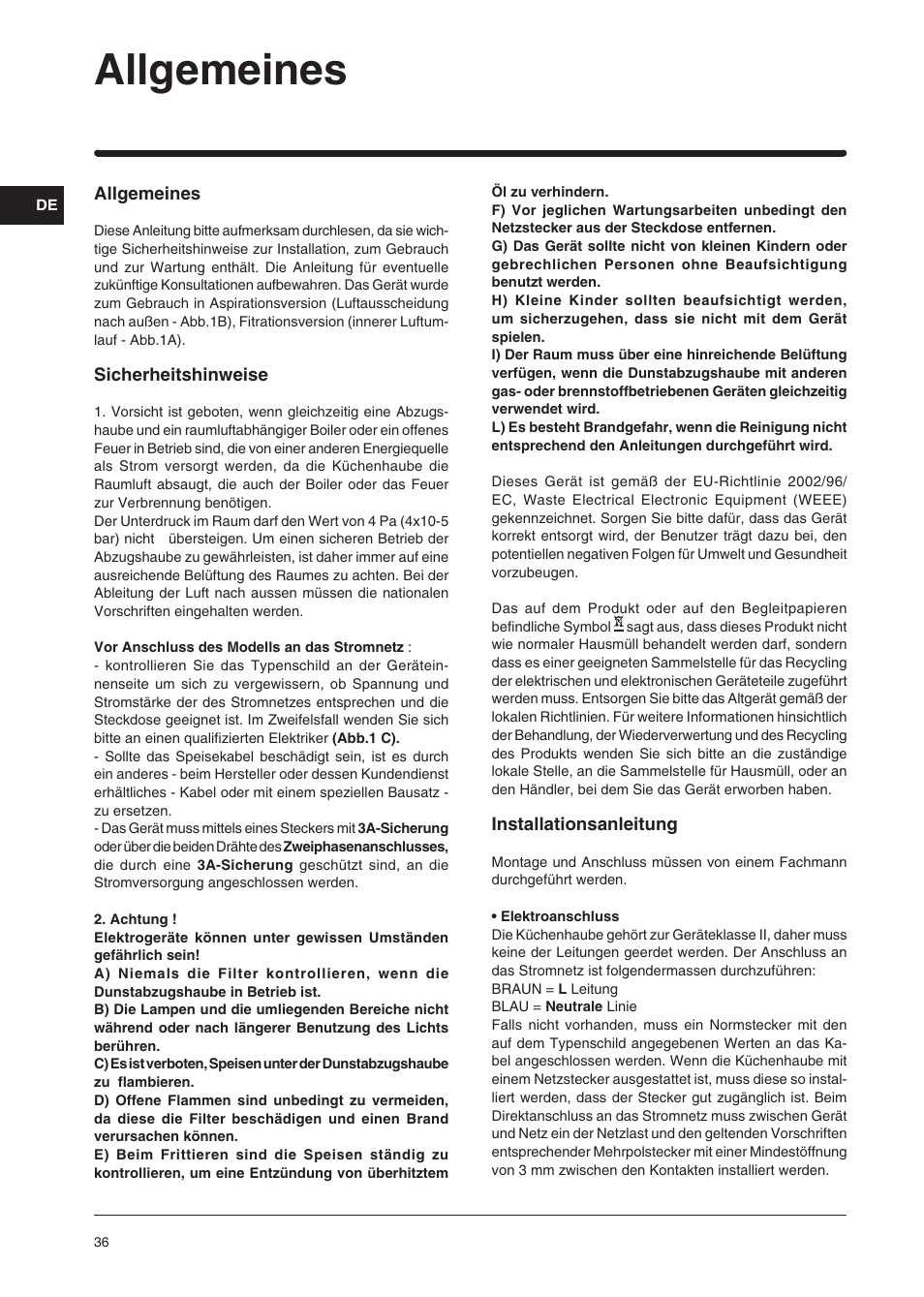 Allgemeines | Indesit H361FBK User Manual | Page 34 / 36