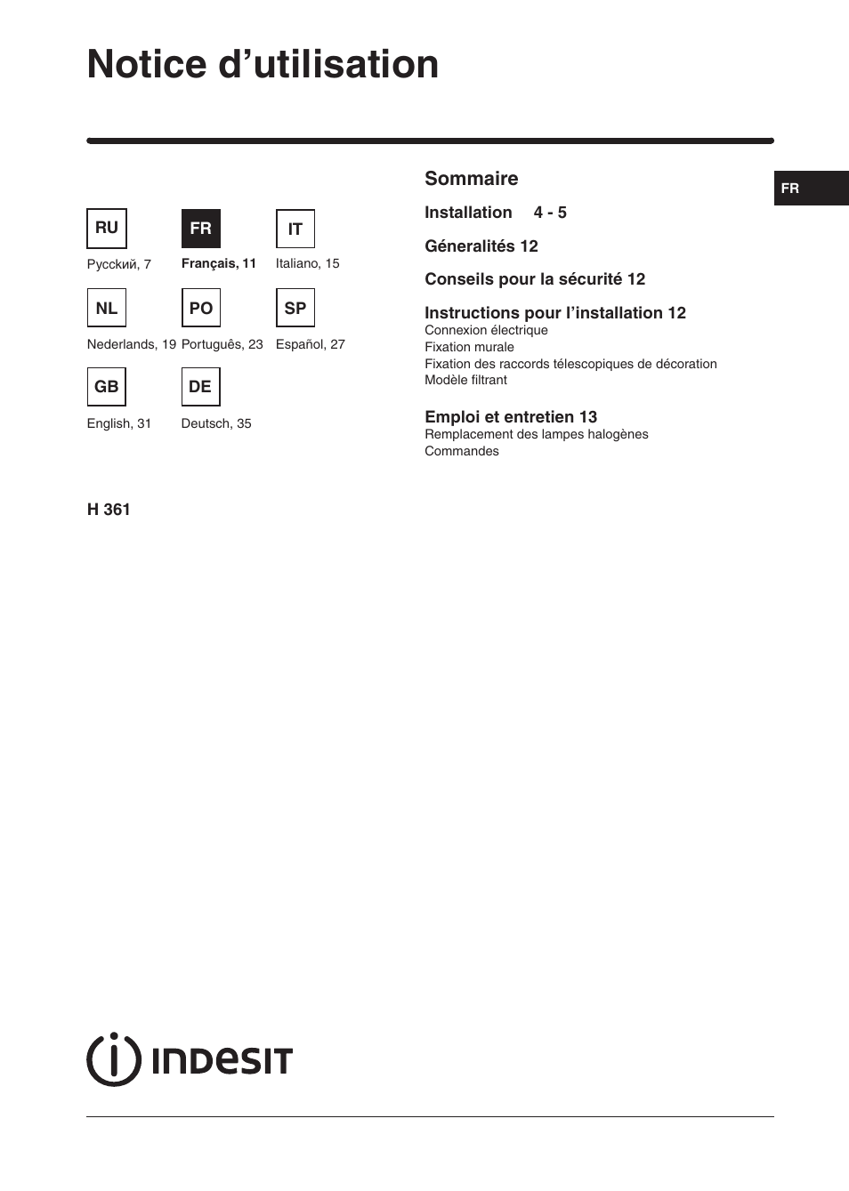 Notice d’utilisation, Sommaire | Indesit H361FBK User Manual | Page 9 / 36