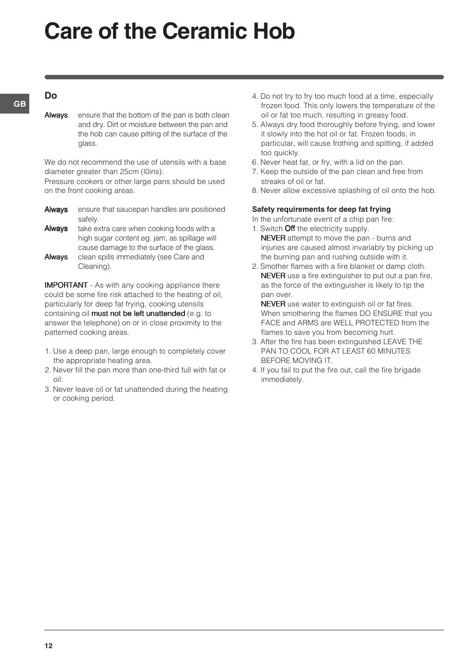 Care of the ceramic hob | Indesit KDP60CS User Manual | Page 12 / 28