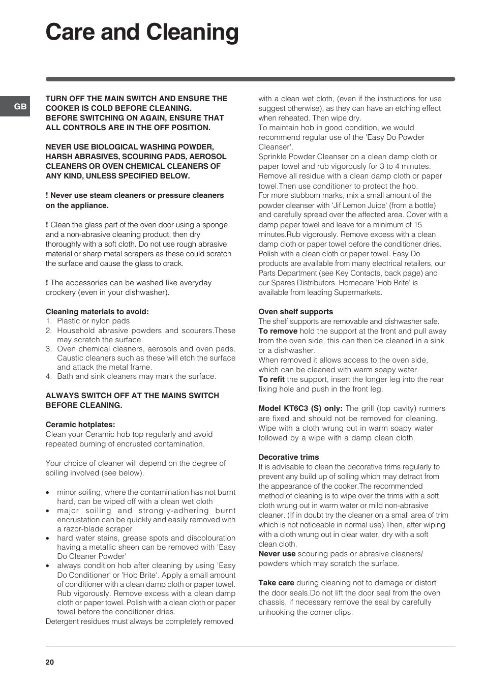 Care and cleaning | Indesit KDP60CS User Manual | Page 20 / 28