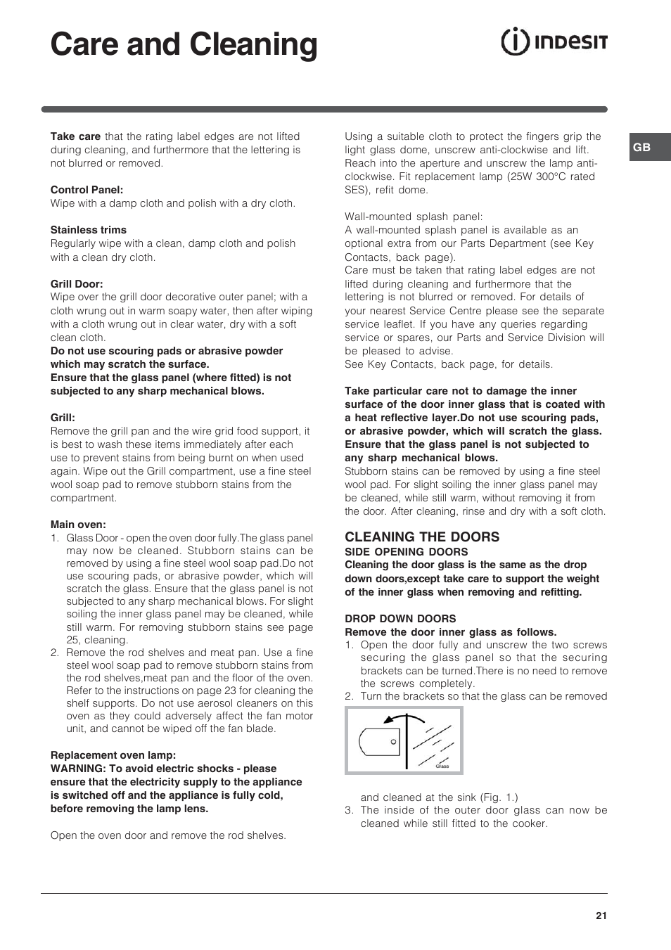 Care and cleaning | Indesit KDP60CS User Manual | Page 21 / 28