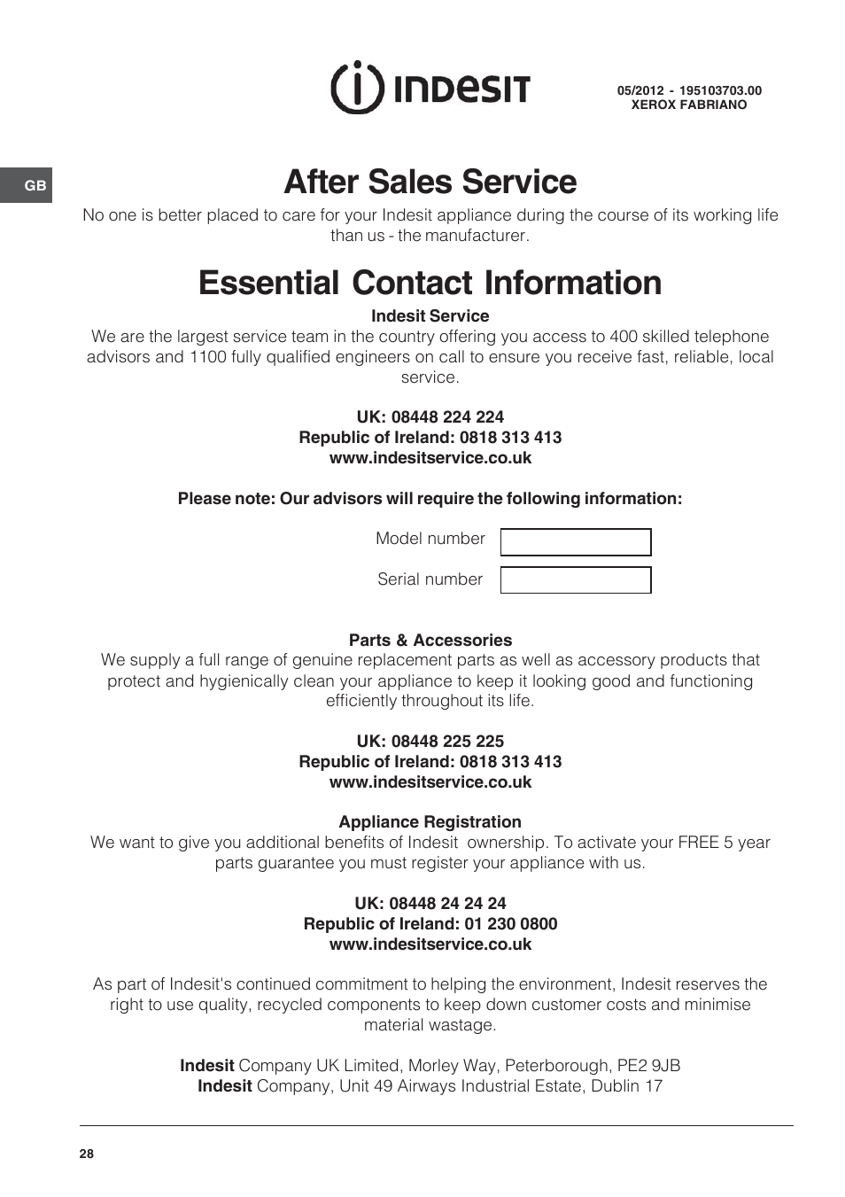 After sales service, Essential contact information | Indesit KDP60CS User Manual | Page 28 / 28