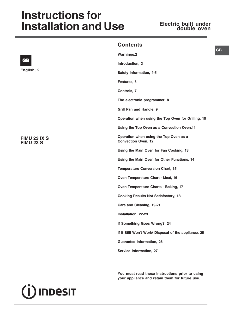 Indesit FIMU23WHS User Manual | 28 pages