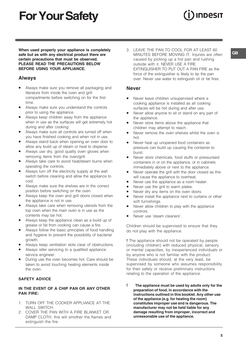 For your safety | Indesit FIMU23WHS User Manual | Page 5 / 28