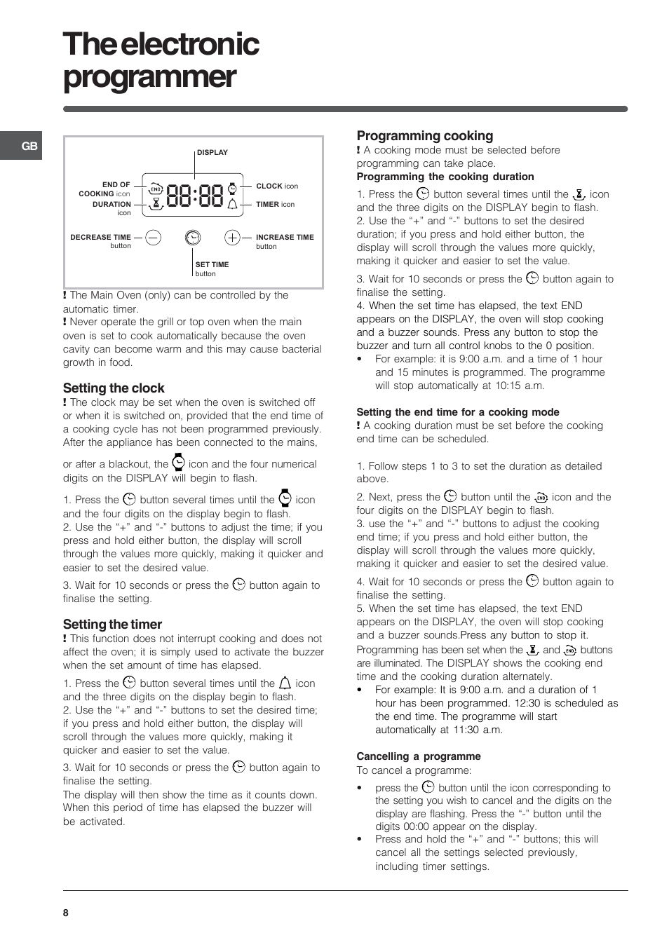 The electronic programmer, Setting the clock, Setting the timer | Programming cooking | Indesit FIMU23WHS User Manual | Page 8 / 28