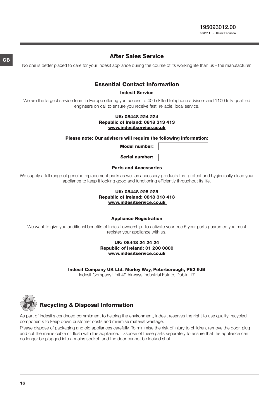 After sales service, Essential contact information, Recycling & disposal information | Indesit IWB6123UKE User Manual | Page 16 / 16