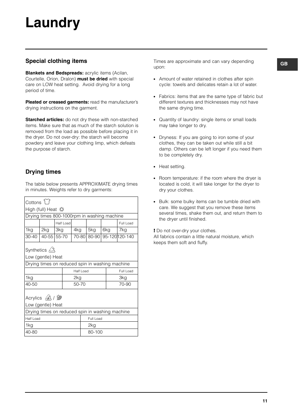 Laundry, Special clothing items, Drying times | Indesit ISL70C After 29 Apr 06 User Manual | Page 10 / 15