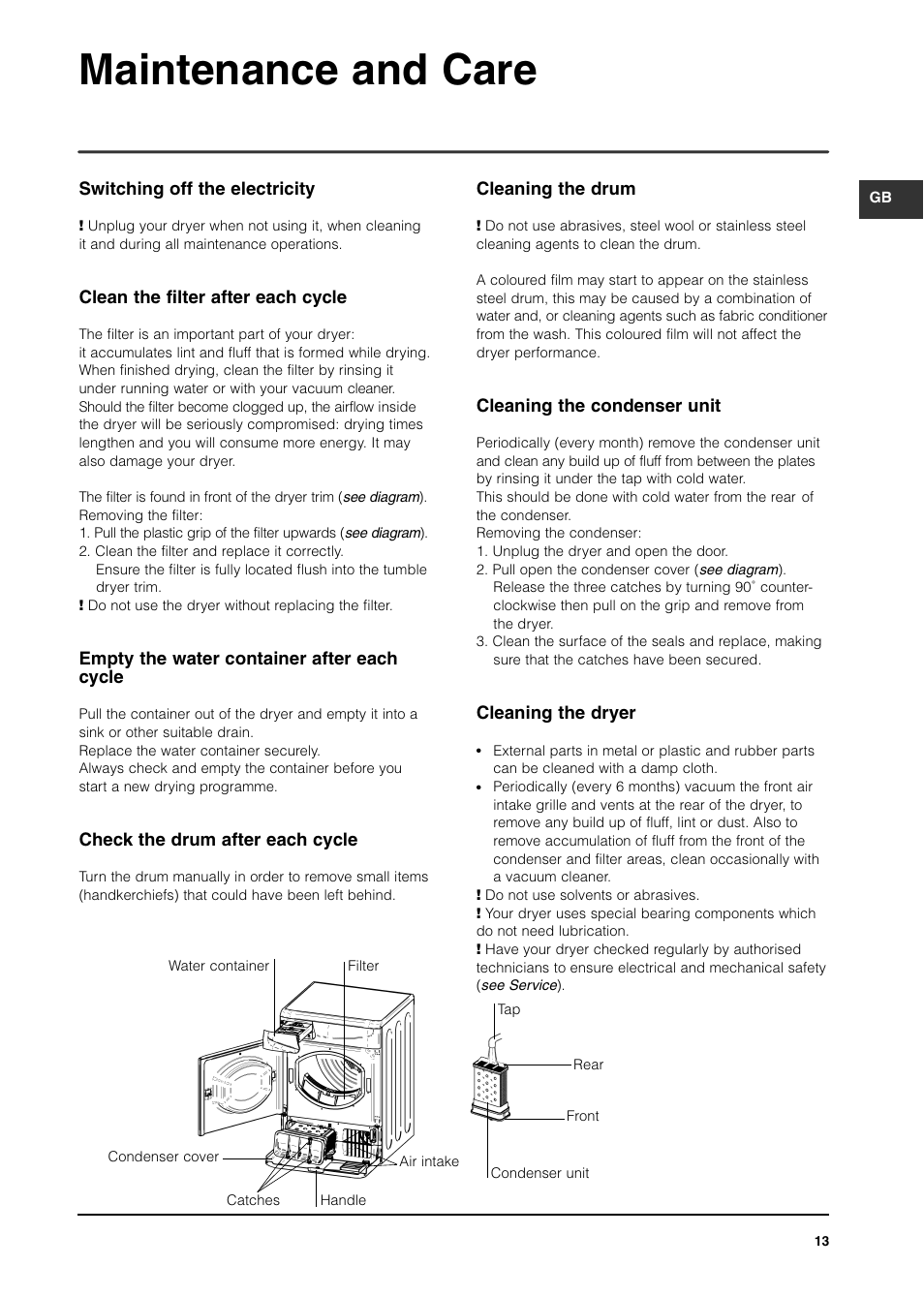 Maintenance and care | Indesit ISL70C After 29 Apr 06 User Manual | Page 12 / 15