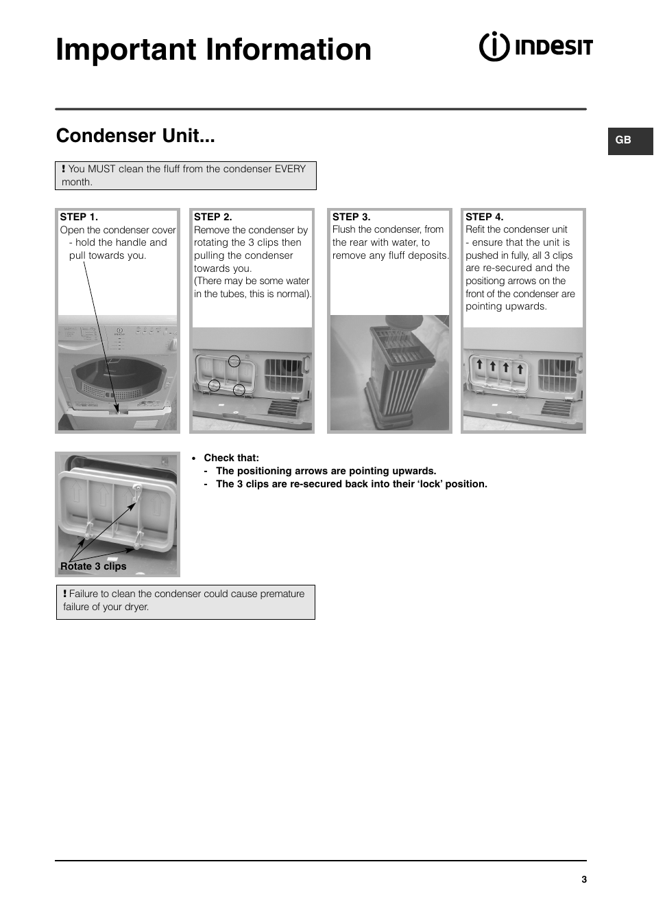 Important information, Condenser unit | Indesit ISL70C After 29 Apr 06 User Manual | Page 2 / 15